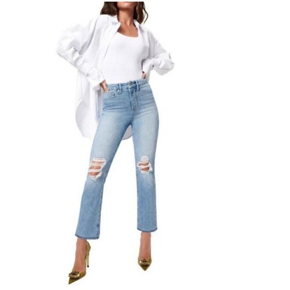 NWT Good American Size 10/30 Good Boy Jeans Indigo085 Destroyed Knee Crop Denim